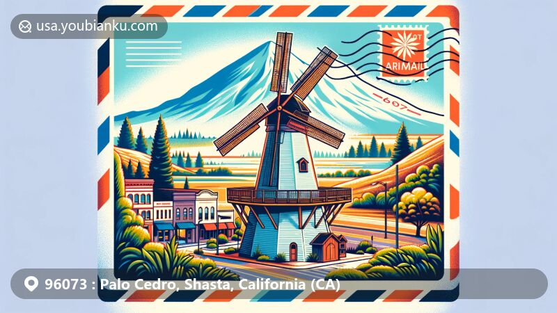 Modern illustration of Palo Cedro, Shasta County, California, featuring the iconic windmill landmark, Mount Lassen backdrop, airmail envelope frame, and cedar tree motif, capturing the town's natural beauty and postal theme.