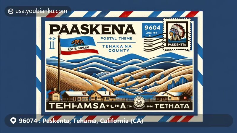 Modern wide-format postal-themed illustration of Paskenta in Tehama County, California, showcasing ZIP code 96074. Features include Hill Nomlaki heritage, Tehama County outline, California state flag, traditional border design, and a vintage postage stamp with Rolling Hills Casino imagery.