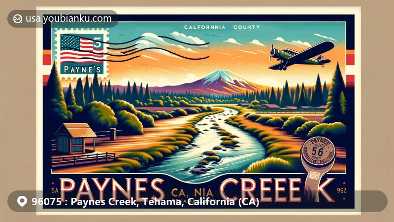 Modern illustration of Paynes Creek area, Tehama County, California, featuring ZIP code 96075, showcasing Payne's Creek meandering through lush landscape with Mount Lassen in the background.