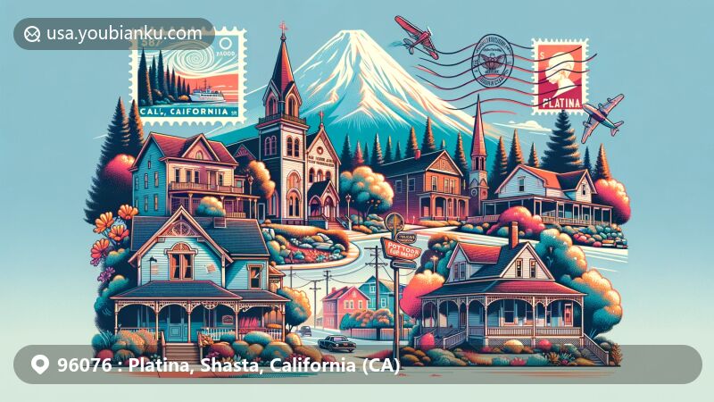 Modern illustration of Platina, California, capturing the charm of a serene town with Victorian homes and lush lawns, featuring Saint Herman of Alaska Monastery. Postal elements include a postcard outline, ZIP code 96076 stamp, and Platina postmark, set against the backdrop of Mount Lassen.