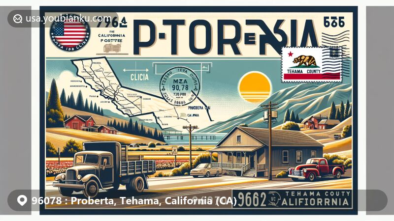 Modern illustration of Proberta, Tehama County, California, showcasing postal theme with ZIP code 96078, featuring vintage postcard layout with postmark stamp, classic postal truck, state flag, and California geography elements.