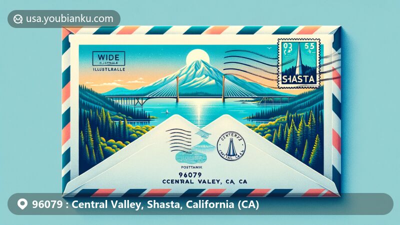 Artistic depiction of airmail envelope with Shasta Lake, Lassen Peak, and Sundial Bridge scenery, stamp of Mount Shasta, postmark 96079 Central Valley, CA, rich in vibrant details.