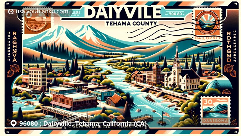 Modern illustration of Dairyville, Tehama County, California, featuring Sacramento River, Odd Fellows Building, and State Theatre, with Tehama County's diverse geography and postal elements like airmail border, vintage stamp, and ZIP code 96080.