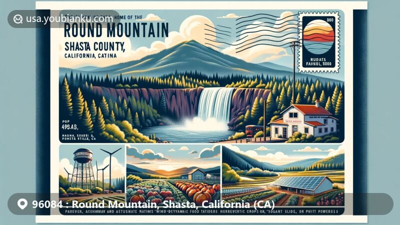 Modern illustration of Round Mountain, Shasta County, California, highlighting indigenous heritage, organic farming, renewable energy, and iconic Hatchet Falls.