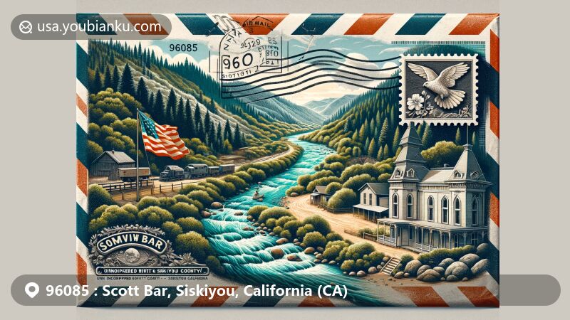 Modern illustration of Scott Bar, Siskiyou County, California, portrayed on vintage air mail envelope, showcasing Scott River, historical gold discovery marker, lush forests, and California state flag.