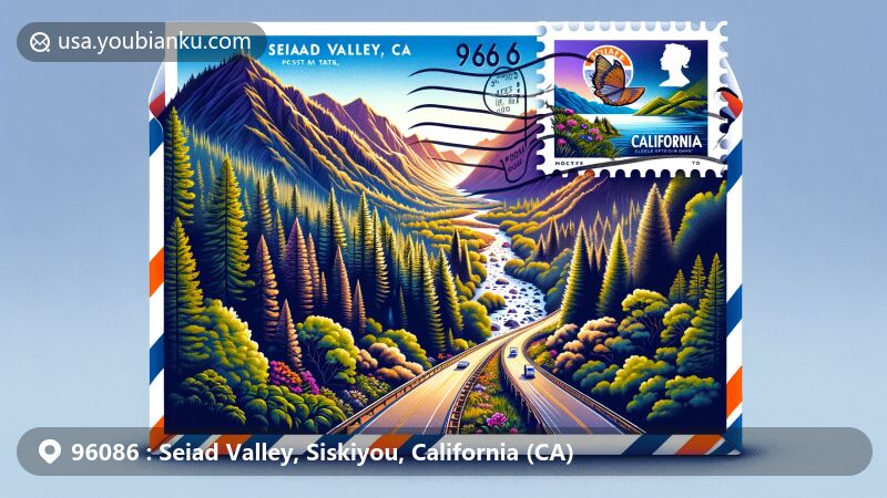 Modern illustration of Seiad Valley, California, blending natural beauty with postal elements, featuring Pacific Crest Trail, Klamath River, and Lower Devils peaks, along with airmail envelope depicting the scenic view.
