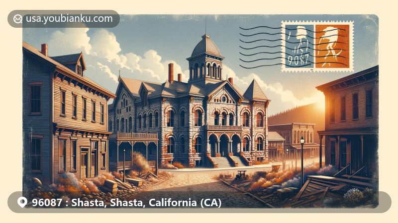 Modern illustration of Shasta, California, featuring ZIP Code 96087 area with restored County Courthouse and Gold Rush era buildings, bathed in nostalgic sunset light.
