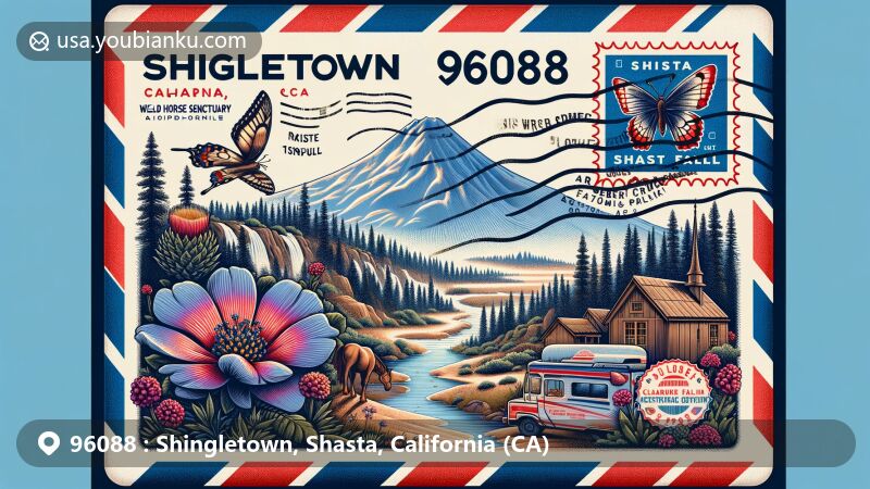 Modern illustration of Shingletown, Shasta, California, designed in air mail envelope style, highlighting ZIP code 96088. Features Wild Horse Sanctuary, Bear Creek Falls, Shasta clarkia flowers, and Mount Lassen in backdrop.
