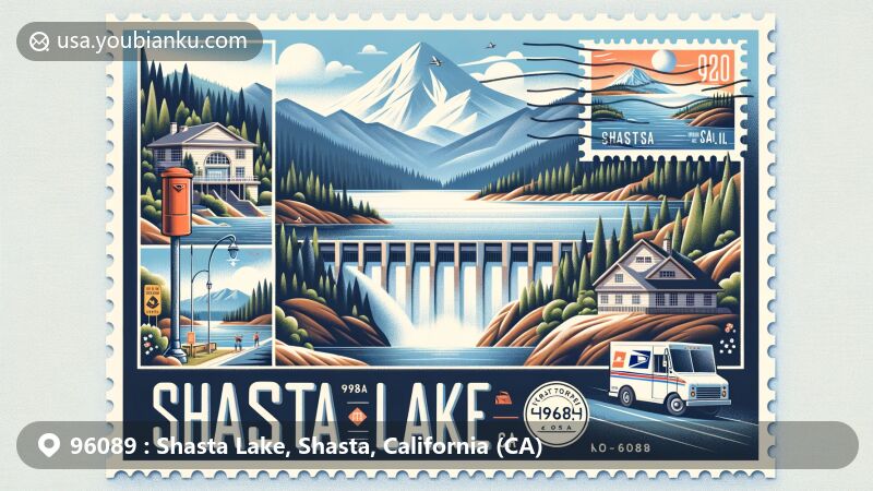 Modern illustration of Shasta Lake, Shasta, California (CA), emphasizing postal theme with ZIP code 96089, featuring iconic Shasta Lake, Shasta Dam, California mountains, postage stamp with close-up of Shasta Dam and '96089' postmark, 'Shasta Lake, CA' text, mailbox, and mail truck.