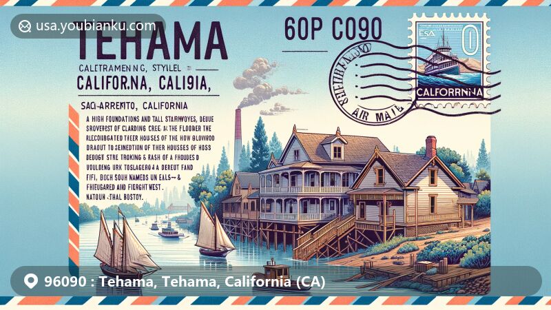 Innovative depiction of Tehama, California, ZIP code 96090, blending air mail envelope design with elements symbolizing Sacramento River and Elder Creek, notable National Natural Landmark. Embracing Tehama's historical architecture features and unique street layout, showcasing modern art style for webpage clarity and appeal.