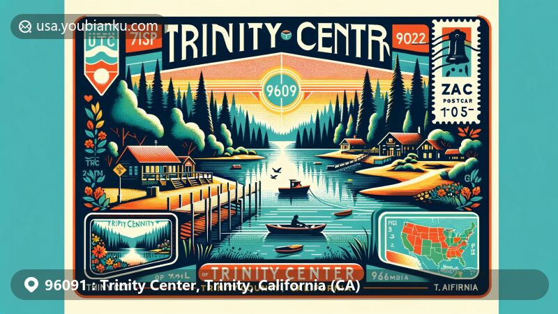 Modern illustration of Trinity Center, Trinity County, California, featuring picturesque Trinity Lake as a popular summer destination. The artwork includes the county map outline accentuating the geographical location, and a creative postcard or airmail envelope format encapsulating the essence of the area. The postcard showcases a stamp with an image of Trinity Lake, stamped with 'Trinity Center, CA 96091,' and decorative elements related to outdoor activities like camping and boating available in the region. Using vibrant colors, the illustration aims to captivate while harmoniously integrating all components to convey the postal theme and unique charm of Trinity Center.