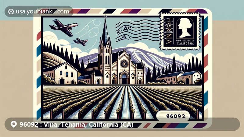 Modern illustration of Vina, California, showcasing postal theme with ZIP code 96092, featuring Abbey of New Clairvaux and vineyards.