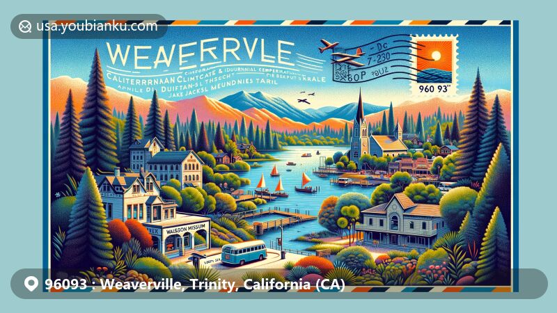Modern illustration of Weaverville, California, featuring ZIP code 96093, Trinity Lake, historic downtown, Jake Jackson Museum, and the Joss House, showcasing Mediterranean climate and postal elements.