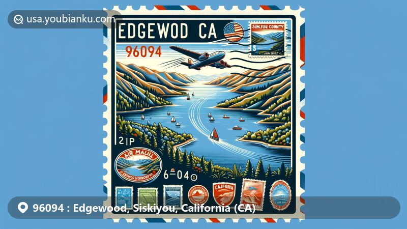 Modern illustration of Edgewood, Siskiyou County, California, showcasing a postal theme with ZIP code 96094, featuring a scenic view of Lake Shastina with clear blue water and local landscape, incorporating elements representing the area and the state flag of California.
