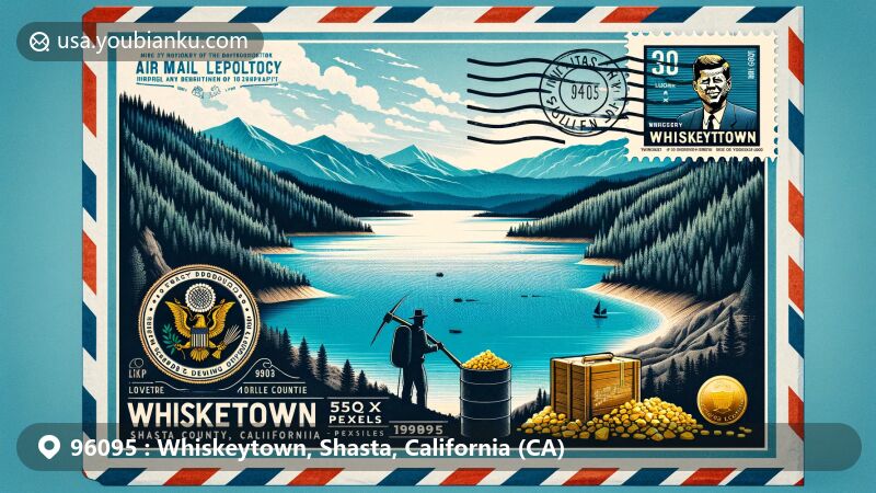Modern illustration of Whiskeytown, Shasta County, California, highlighting natural beauty of Whiskeytown Lake, Shasta County's silhouette, Gold Rush history with gold nugget and miner's pickaxe on vintage air mail envelope.