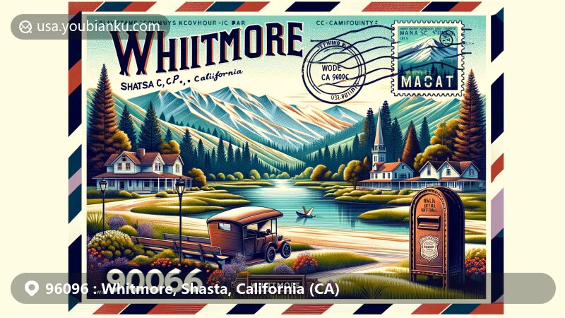 Modern illustration of Whitmore, Shasta County, California, showcasing postal theme with ZIP code 96096, featuring vintage postcard, postal stamp, 'Whitmore, CA 96096' mark, and antique mailbox, amidst serene landscapes and hints of Shasta State Historic Park.