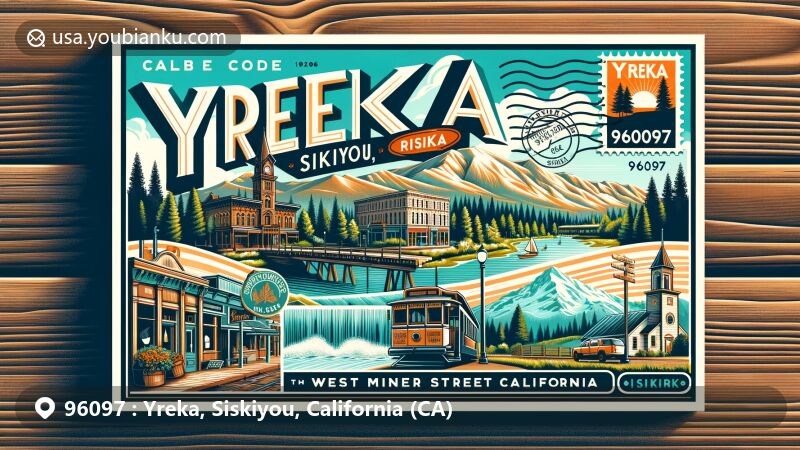 Modern illustration of Yreka, Siskiyou County, California, highlighting Greenhorn Park, West Miner Street Historic District, Siskiyou County Museum, and Discovery Park, with postal theme featuring ZIP code 96097.