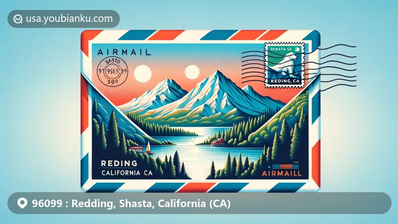 Modern illustration of Redding area, Shasta County, California, featuring 'Three Shastas' - Mt. Shasta, Lake Shasta, and Shasta Dam, in an airmail envelope design with postal elements and ZIP Code 96099.