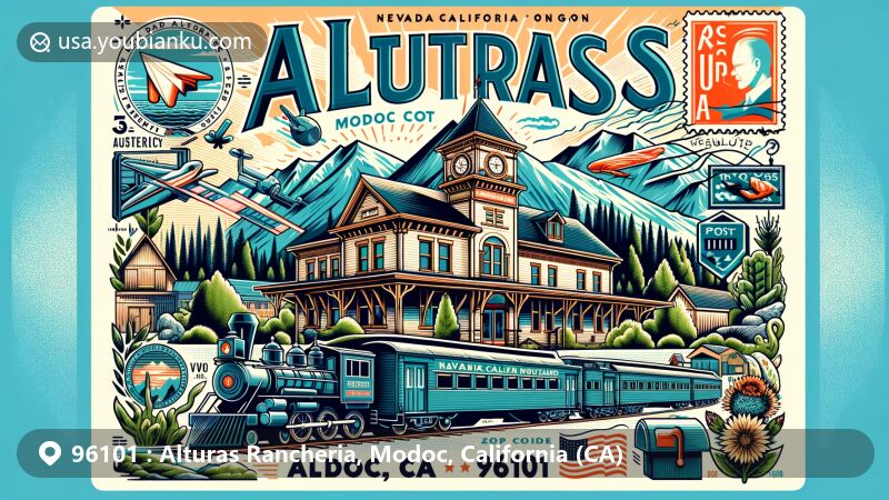 Creative illustration of Alturas, Modoc County, California, highlighting postal theme with ZIP code 96101, featuring Nevada-California-Oregon Railway Building, Warner Mountains, and Pit River.