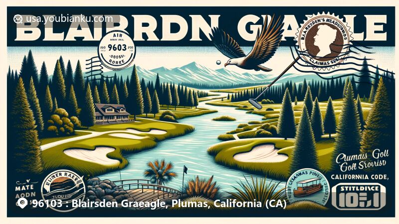 Modern illustration of Blairsden Graeagle, ZIP code 96103, Plumas County, California, blending natural beauty with postal elements, depicting Feather River Route and golfing attractions like Graeagle Meadows Golf Course and Plumas Pines Golf Resort.