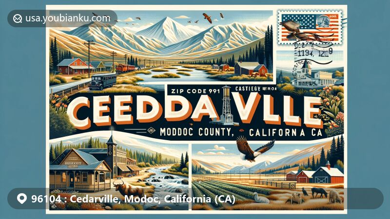 Modern illustration of Cedarville, Modoc County, California, capturing the beauty of Warner Mountains, alpine streams, and high desert landscapes, featuring historic buildings like the Cressler and Bonner Trading Post, agricultural scenes, local wildlife, ZIP code 96104, and Cedarville town's heritage.