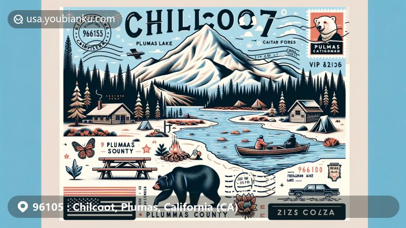Modern illustration of Chilcoot, Plumas County, California, showcasing natural beauty and outdoor activities near Plumas National Forest and Frenchman Lake Recreation Area, featuring vintage postcard design with ZIP code 96105 and local wildlife symbol.
