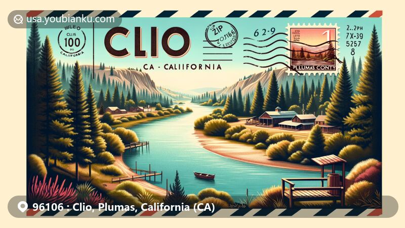 Modern illustration of Clio, Plumas County, California, featuring postal theme with ZIP code 96106, capturing natural beauty and historic logging town charm.