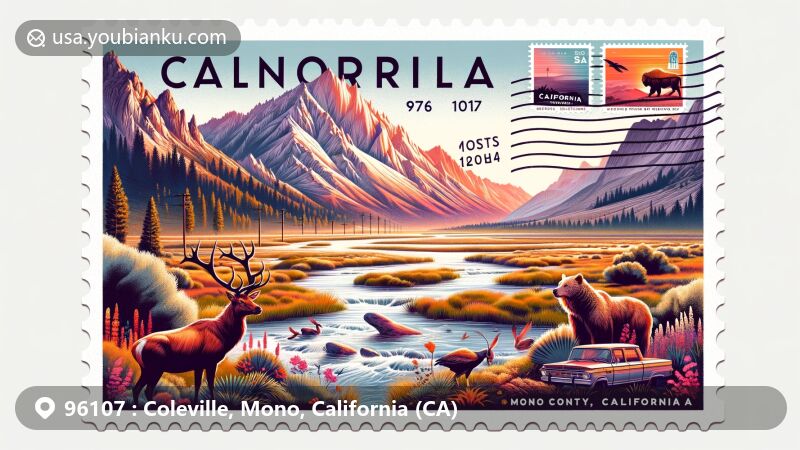 Modern illustration of Coleville, Mono County, California, showcasing postal theme with ZIP code 96107, featuring Antelope Valley and West Walker River.