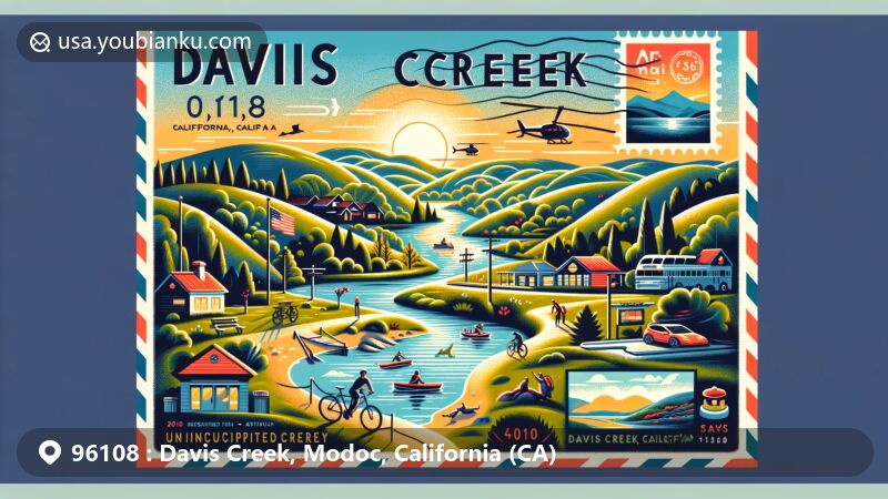 Modern illustration of Davis Creek, Modoc County, California, capturing natural scenery with rolling hills and bodies of water, reflecting outdoor activities. Features postcard design with stamp, postmark, and ZIP code 96108.
