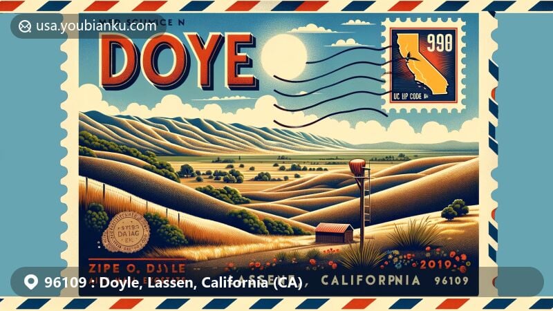 Modern illustration of Doyle, Lassen, California, merging rural charm with Mediterranean climate, showcasing rolling hills, sparse vegetation, and a clear sky with a vintage air mail envelope adorned with a fictional stamp featuring Lassen County outline and ZIP code 96109.