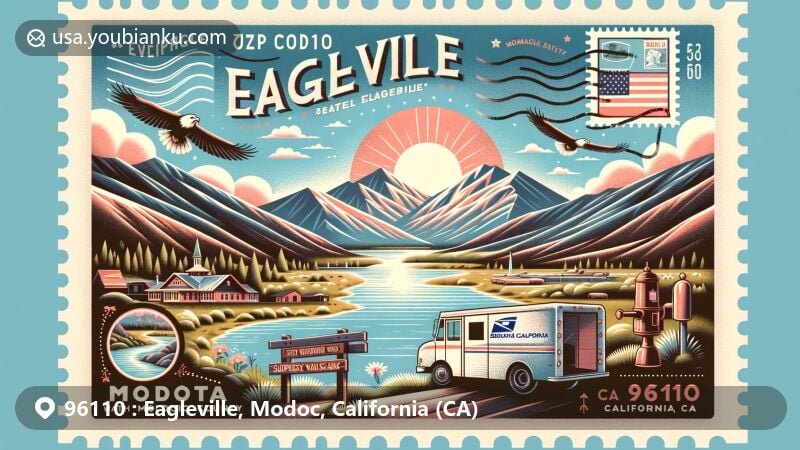 Modern illustration of Eagleville, Modoc County, California, featuring Warner Mountains, Surprise Valley, and Eagleville Hot Springs, in a wide-format design with vintage postal elements.