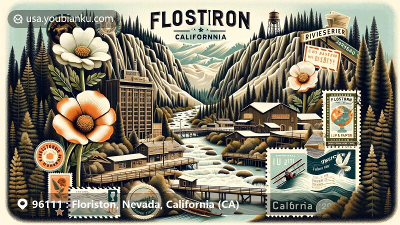 Modern illustration of Floriston, California, ZIP code 96111 area, showcasing historical and geographical essence nestled in Sierra Nevada mountains along Truckee River, highlighting Floriston Pulp and Paper Company history, local flora elements, steep canyon walls, and postal theme with ZIP code 96111.