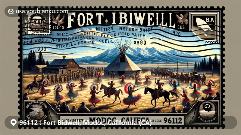 Modern illustration of Fort Bidwell, Modoc County, California, capturing historical and cultural essence with Fort Bidwell outpost, Northern Paiute traditions, and natural beauty, all integrated into a creative postcard design with ZIP code 96112 and postal elements.
