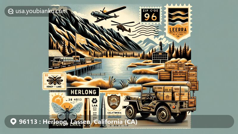 Modern illustration of Herlong, Lassen County, California, with scenic aerial view of Honey Lake and Sierra Nevada mountains, featuring Sierra Army Depot, vintage military jeep, and postal theme with ZIP code 96113.