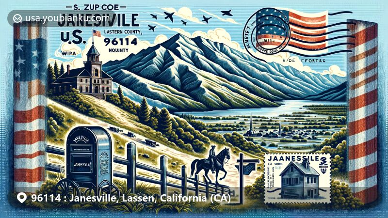 Modern illustration of Janesville, Lassen County, California, representing ZIP code 96114, featuring Sierra Nevada Mountain range in background, Fort Janesville landmark in foreground, vintage postage elements, and old-fashioned mailbox.