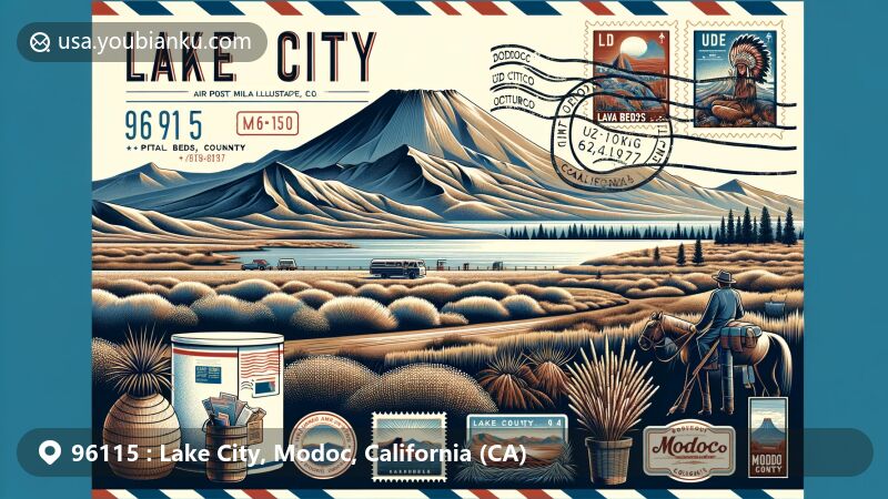 Modern illustration of Lake City, Modoc County, California, with postal theme centering on ZIP code 96115, featuring Warner Mountains, sagebrush outback, Lava Beds National Monument, and Native American heritage.