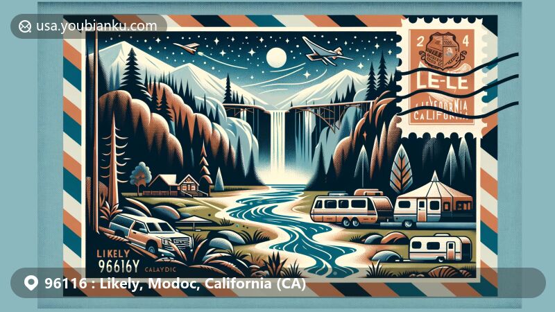 Modern illustration of Likely, California, with ZIP code 96116 as central theme, featuring Mill Creek Falls, Warner Mountains, Likely Place Golf & RV Resort, Achumawi village motifs, starry night sky, vintage postage elements.