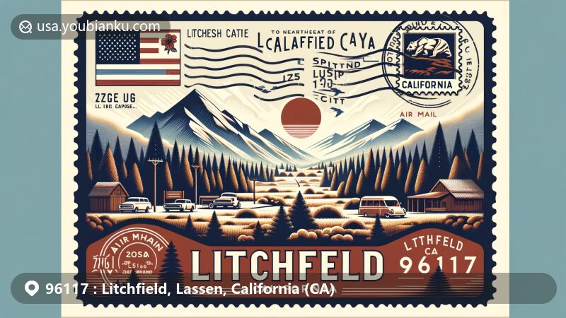Modern illustration of Litchfield, California, showcasing natural beauty of Lassen County with mountains, forests, and vast landscapes, typical of northeastern California, featuring California state flag. Includes postal elements like vintage stamp, 'Litchfield, CA 96117' postmark, and airmail envelope border.