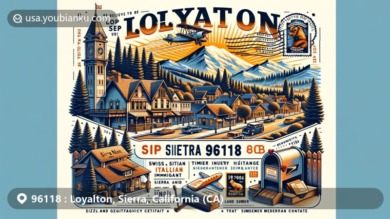 Modern illustration of Loyalton, Sierra County, California, depicting the historical and geographical essence of the area with Swiss and Italian heritage, timber industry significance, and Mediterranean climate, set against Sierra Valley and mountains.