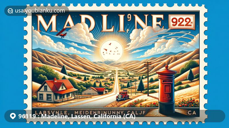 Modern illustration of Madeline, Lassen County, California, emphasizing scenic beauty and postal theme with ZIP code 96119, featuring iconic landscape, small hills, and classic red mailbox.