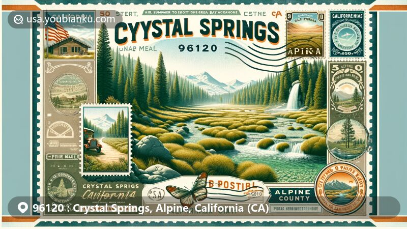 Modern illustration of Crystal Springs, Alpine County, California, showcasing Grover Hot Springs State Park and surrounding Alpine landscape, capturing the area's natural beauty and postal theme with ZIP code 96120.
