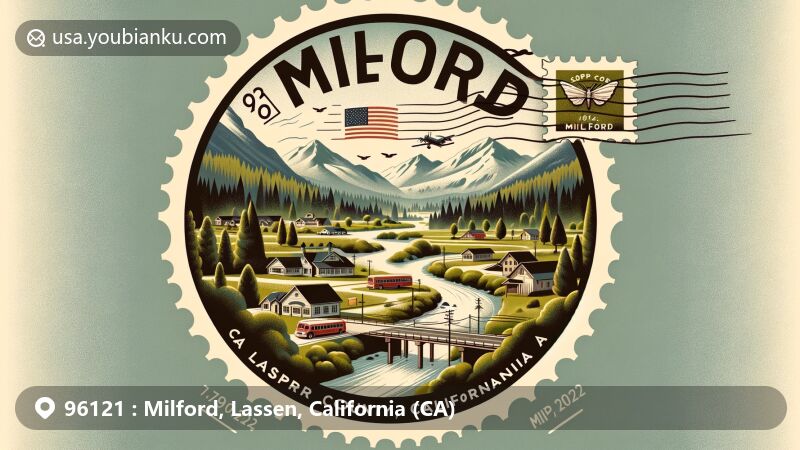 Modern illustration of Milford, Lassen County, California, with ZIP code 96121, showcasing natural beauty along Mill Creek, vintage postal theme, California state flag, and postal icons.