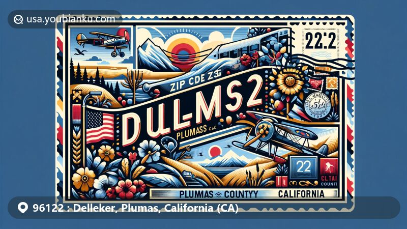 Modern illustration of Delleker, Plumas County, California, featuring postal theme with ZIP code 96122, incorporating local elements and iconic symbols like a postcard, stamps, and airmail envelope.