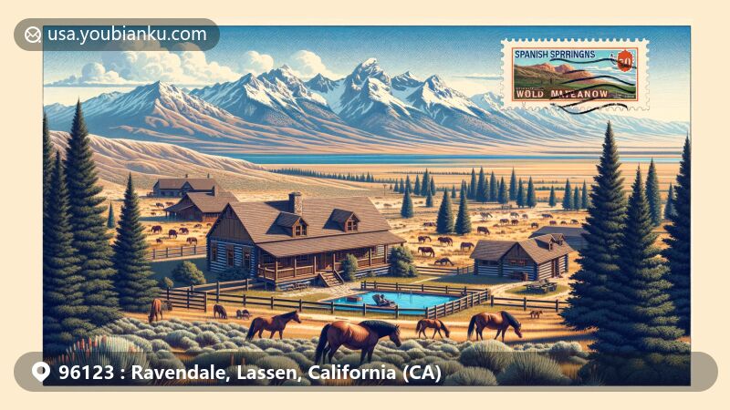 Modern illustration of Ravendale, Lassen County, California, showcasing ZIP code 96123 amidst wild mustangs, cattle, and sagebrush landscapes, with Spanish Springs Ranch in the foreground and Cascade mountain range in the background.