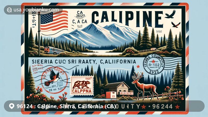 Vintage illustration of Calpine, Sierra County, California, highlighting lush forests, rolling hills, and town vibe, featuring postal theme with ZIP code 96124, California state flag, and local wildlife symbols like deer or birds.