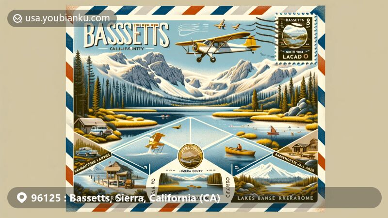 Modern illustration of Bassetts, CA 96125, Sierra County, California, featuring Lakes Basin Recreation Area, Sierra Buttes, North Yuba River, Sardine Lake, Packer Lake, and Gold Lake. Postal elements like vintage airmail envelope, stamp, postmark, and postal plane are integrated.