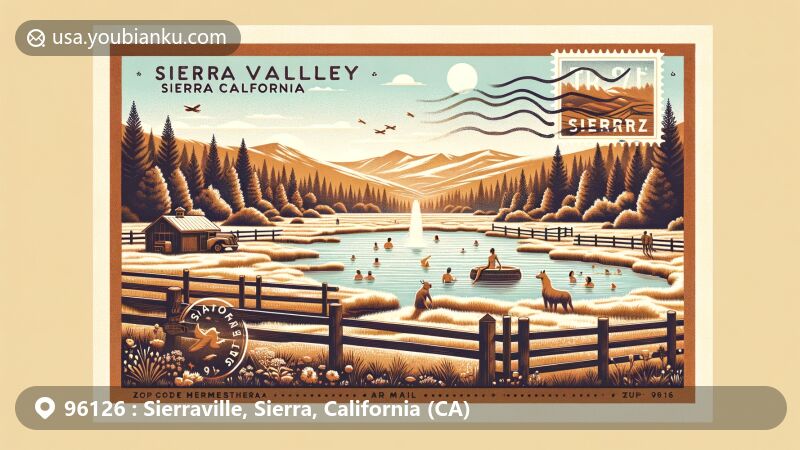 Modern illustration of Sierraville, Sierra County, California, emphasizing postal theme with ZIP code 96126, featuring Sierra Valley and Sierra Hot Springs.