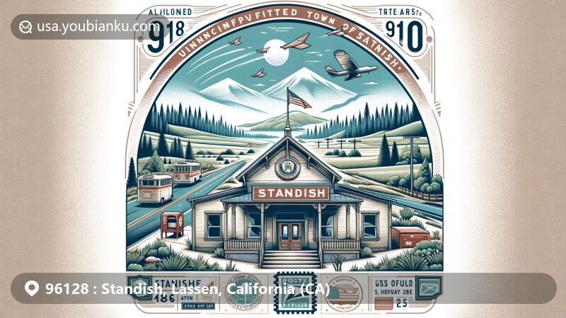 Modern illustration of Standish, Lassen County, California, showcasing rural landscape and postal theme with ZIP code 96128, featuring Standish Post Office and historical roots.