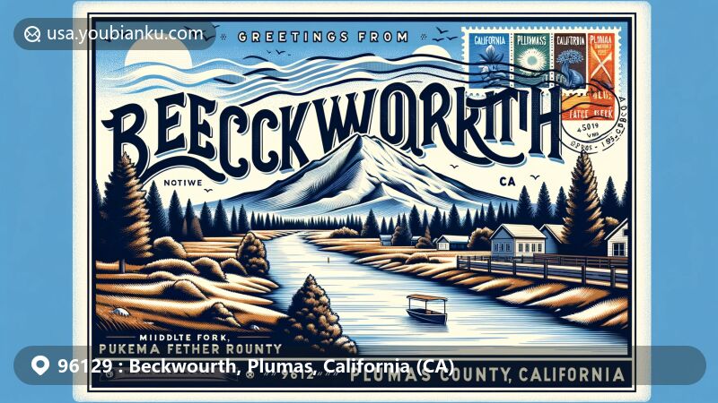Modern postcard illustration of Beckwourth, Plumas County, California, highlighting ZIP code 96129, showcasing Beckwourth's landscape and notable features like Beckwourth Peak and Middle Fork Feather River.