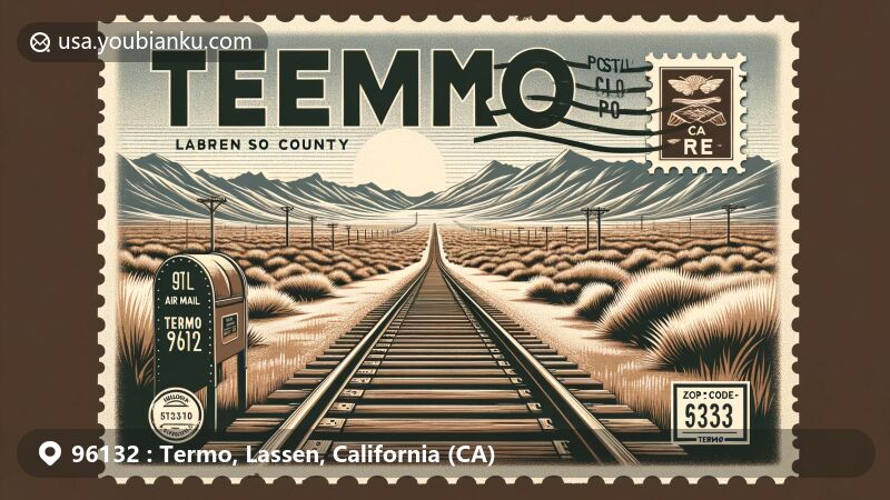 Creative illustration of Termo, California in Lassen County with ZIP code 96132, showcasing historical richness intertwined with South Pacific and Nevada-California-Oregon Railroads, highlighting the area's 5305-foot elevation, stunning natural landscapes, and outdoor recreational activities.